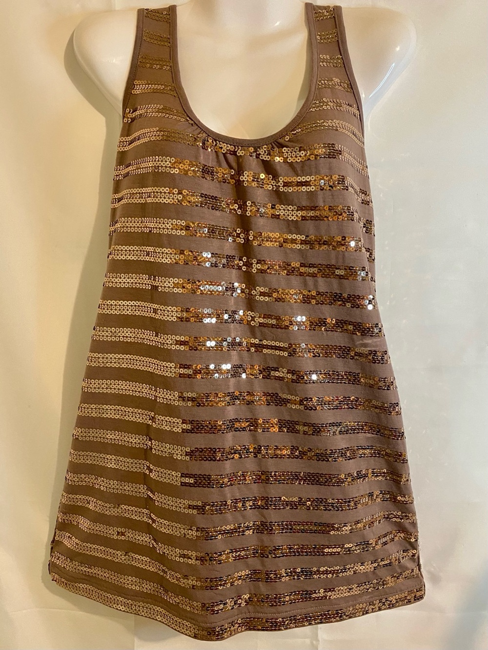 Romeo & Juliet Couture Taupe Sequin Striped Tank Top